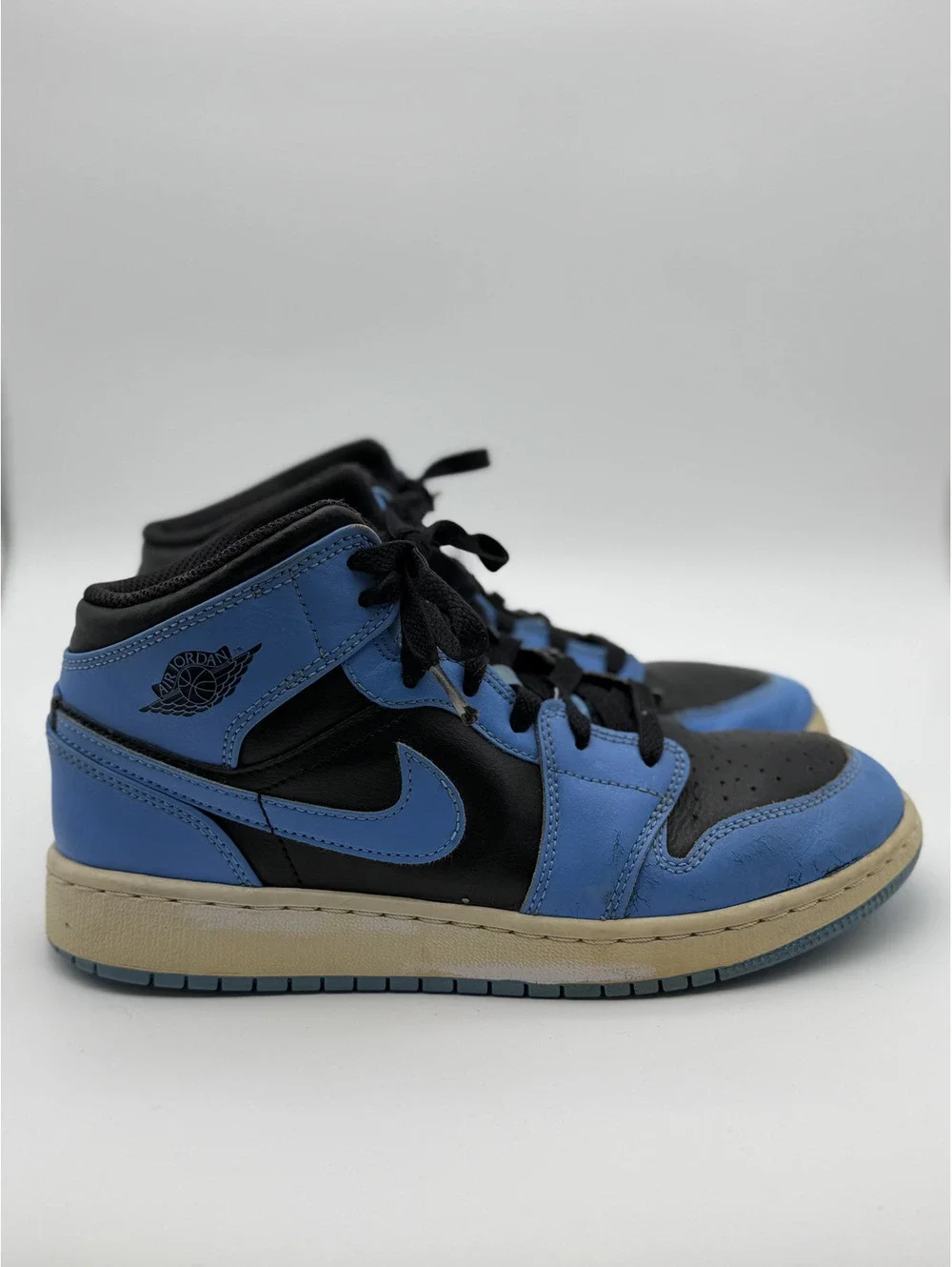 Nike Air Jordan 1 Mid GS Black Blue Basketball Shoes Size 6Y